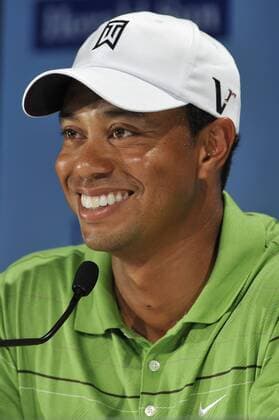 TIGER WOODS (USA) takes questions after his nine hole warm up round. - ZUMAmm5