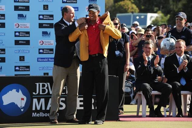 Nov 15, 2009 - Melbourne - TIGER WOODS (USA) is presented the Masters Jacket during the final round of the Australian Masters at the Kingston Heath Golf Club. Woods won for the seventh time this year, and the 82nd time worldwide in his career. Woods now has a trophy from every golfing continent. This is his first win in Australia, the 13th country where he has won an individual event. - ZUMAmm5