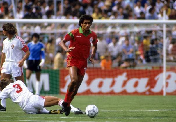 Mustapha el Haddaoui (Marokko, re.) Fußball WM Herren WM 1986, Länderspiel, Nationalteam, Nationaltrikot, Portugal - Marokko 1:3 Gruppe Guadalajara