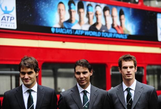 LONDON -- Roger Federer of Switzerland (L), Rafael Nadal of Spain (C) and Andy Murray of Great Britain pose for pictures in London, Nov. 20, 2009. They will take part in the ATP World Tour Finals. 