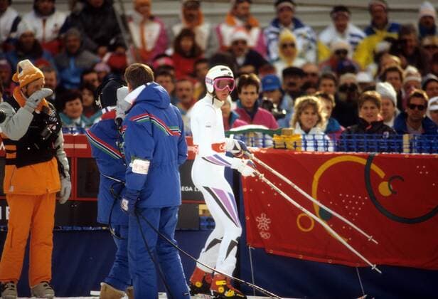 Markus Wasmeier (BR Deutschland, re.) Alpiner Skilauf OS Winter Herren Olympische Winterspiele Calgary 1988, Spiele, Ski Alpin, Super G Gruppe Nakiska Enttäuschung,