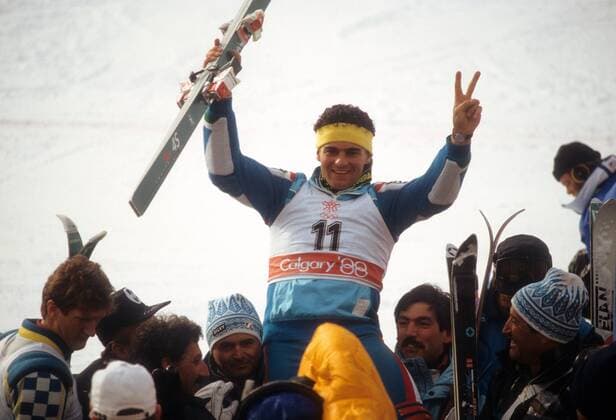 Alberto Tomba (Italien) - Olympiasieger im Slalom 1988 Alpiner Skilauf OS Winter Herren Olympische Winterspiele Calgary 1988, Spiele, Ski Alpin, Slalom Gruppe Nakiska Freude,