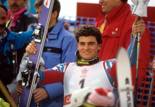 Alberto Tomba (Italien) - Olympiasieger im Slalom 1988 Alpiner Skilauf OS Winter Herren Olympische Winterspiele Calgary 1988, Spiele, Ski Alpin, Slalom Einzelbild Nakiska Freude,