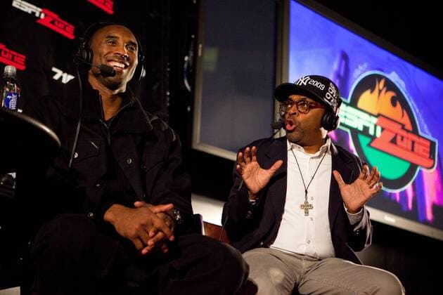 24 November 2009: Kobe Bryant of the Los Angeles Lakers speaks with Spike Lee about the DVD Kobe Doin Work at the ESPN Zone in Los Angeles after the Lakers 100-90 victory over the New York Knicks across the street at the STAPLES Center in Los Angeles, CA. Icon181091124057 EDITORIAL USE ONLY