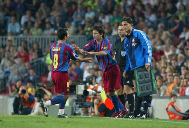 Season 2005-2006. Barcelona - Zaragoza. 01 October 2005. Ludovic Giuly (L) and Lionel Messi of FC Barcelona  NOxONLINExUSE