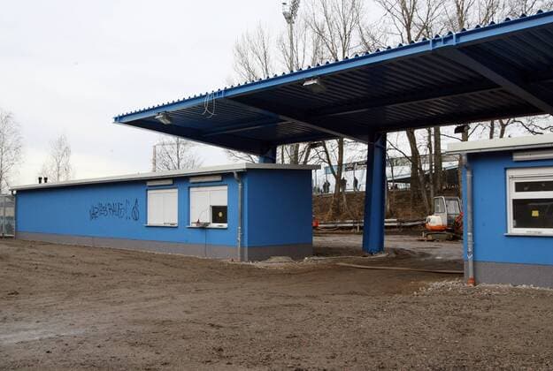 Stadion an der Gellertstraße in Chemnitz: Neuer, im Bau befindlicher Haupteingang zum Stadion des Chemnitzer FC o0 Stadion, Fußballstadion, Bau bauen Bauarbeiten Baustelle Eingang Umbau umbauarbeiten Stadionumbau
