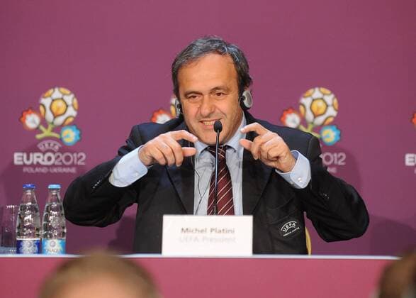Kiev, Ukraine 14 12 2009 EURO 2012 logo nad slogan - Creating History Together first shown at a press conference in Kiev. In the picture: UEFA president Michel Platini (France) -  EN_00298592_010 o0 Funktionär
