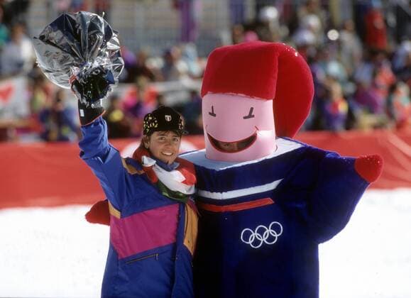 Deborah Compagnoni (Italien), Super G Olympiasiegerin 1992 Alpiner Skilauf Damen Olympische Spiele Albertville 1992, Winterspiele, Ski Alpin, Skisport, Super G Einzelbild Meribel Freude,