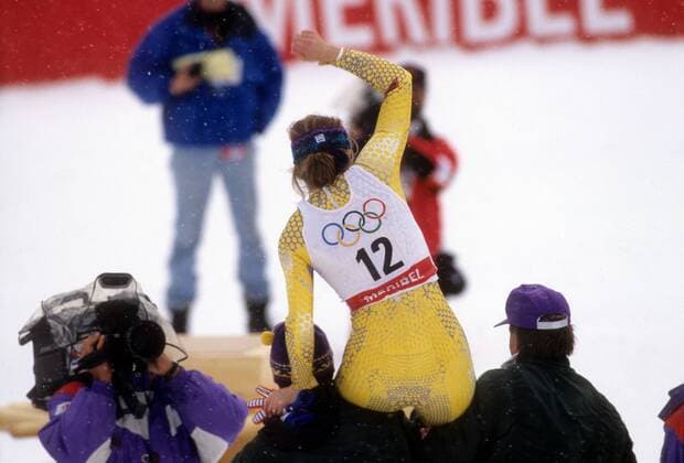Kerrin Lee Gartner (Kanada), Olympiasiegerin 1992 in der Abfahrt Alpiner Skilauf Damen Olympische Spiele Albertville 1992, Winterspiele, Ski Alpin, Skisport, Abfahrt Gruppe Meribel Freude, Begeisterung,