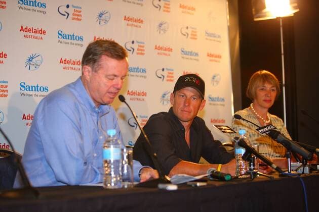 Jan 14, 2010 - Adelaide, Australia - LANCE ARMSTRONG (USA Team RadioShack) with South Australian Premier MIKE RANN (l.) and Tourism Minister JANE LOMAX-SMITH in Australia for a 2010 Santos Tour Down Under media conference. - ZUMAf96 o0 Politik people