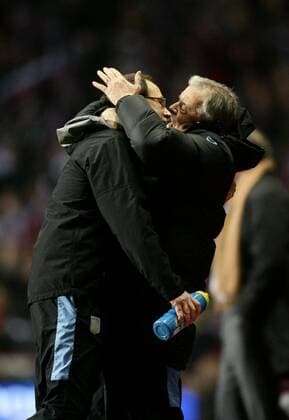 Villa Coach Martin O Neill (l.) celebrates with his assistant John Robertson at the final whistle. Carling Cup Semi Final 2nd Leg Aston Villa v Blackburn Rovers 20th January, 2010 EDITORIAL USE ONLY. No use with unauthorised audio, video, data, fixture lists, club league logos or live services. Online in-match use limited to 120 images, no video emulation. No use in betting, games or single club league player publications. o0 Co Jubel, Freude Oneill
