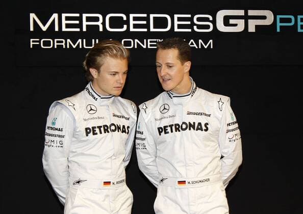 Motorsport: Formel 1, Mercedes GP Launch, Nico Rosberg ( GER, Mercedes GP l. ), Michael Schumacher ( GER, Mercedes GP ) xHOCHxZWEIx xJuergenxTapx Stuttgart o0 Schriftzug