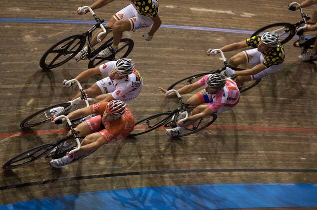 Radsport Berlin - Velodrom, 99. Berliner Sechstagerennen: (L-R) Robert BARTKO (GER), Alex RASMUSSEN (DEN), Alexej SHMIDT (RUS)