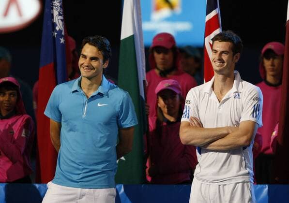 Australien, Melbourne, Sport, Tennis, Grand Slam Tournament, Melbourne Park, Australian Open 2010, Herren Endspiel,Finale, Siegerehrung, Praesentation, Roger Federer (SUI, L) und Andy Murray (GBR) o00 Andrew