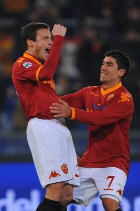 AS Roma (rot) - US Palermo (weiß) - Matteo Brighi (li.) und David Pizarro jubeln  o0 Jubel, Freude