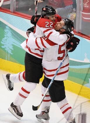 Feb. 24, 2010 - Vancouver, BC, Canada - VANCOUVER, BC: FEBRUARY 24, 2010 -- Canada s Dan Boyle (left) celebrates his first period goal against Russia with team-mate Ryan Getzlaf in men s hockey game in Vancouver BC Wednesday, February 24, 2010 during the 2010 Olympics. - ZUMAw51