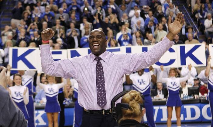 Feb. 25, 2010 - Lexington, Kentucky, USA - Earvin Magic Johnson did the John Wall dance after making the Y in spelling KENTUCKY as Kentucky defeated South Carolina 82-61 on Thursday February 25, 2010 in Lexington , Ky. - ZUMAl61