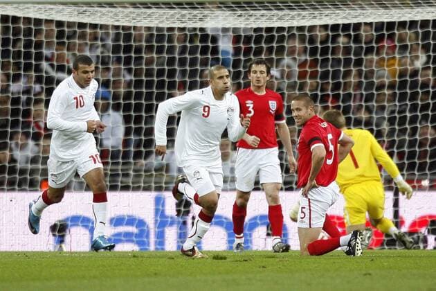 Egypt s Mohamed Zidan (C) celebrates scoring his sides opening goal International Friendly England v Egypt 3rd March, 2010 EDITORIAL USE ONLY. No use with unauthorised audio, video, data, fixture lists, club league logos or live services. Online in-match use limited to 120 images, no video emulation. No use in betting, games or single club league player publications. o0 Jubel, Freude
