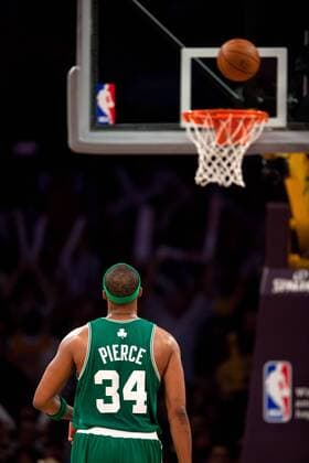 18 February 2010: Forward Paul Pierce of the Boston Celtics shoots a freethrow against the Los Angeles Lakers during the second half of the Celtics 87-86 victory over the Lakers at the STAPLES Center in Los Angeles, CA. Icon181100218062 EDITORIAL USE ONLY