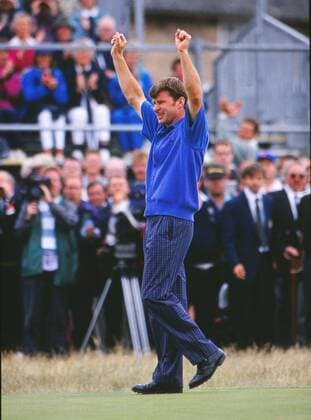 Nick Faldo England raises his arms after winning the Open Championship. Open Golf Championship, Muirfield, Scotland, 19 07 1992.  o0 Jubel Freude