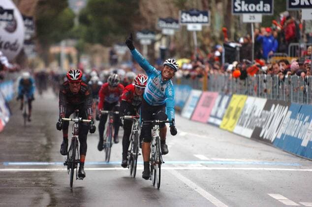 Tirreno - Adriatico, 1. Etappe: Livorno - Rosignano Solvay: Linus Gerdemann (Milram, re.) gewinnt vor Pablo Lastras (Caisse d Epargne, li.)  o0 Etappensieger, Etappensieg Jubel Freude