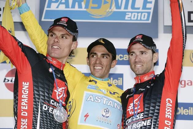 2010, Paris - Nice, Etappe 07 Nice - Nice, Astana 2010, Caisse d Epargne 2010, Sieger Alberto Contador (M), Luis Leon Sanchez Gil (L) , Alejandro Valverde, Nice  o0 Jubel Freude Sieg