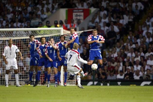 August 20, 2003: Rear view of DAVID BECKHAM ENGLAND taking a freekick. ENGLAND 3 v Croatia 1, International Friendly, Portman Road, Ipswich xactionplusx  ActionPlus03082023 Content restricted for UK based newspaper