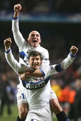 Javier Zanetti (front) of Inter Milan and Esteban Cambiasso of Inter Milan celebrates they win over Chelsea - European Champions League - Chelsea FC London vs. Inter Milan at Stamford Bridge 16 03 2010 