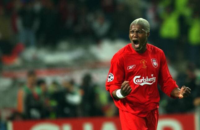 Djibril Cisse (Liverpool FC), MAY 25, 2005 - Football : Djibril Cisse of Liverpool celebrates a goal in a penalty shootout during the UEFA Champions League final match 2004-2005 season between Liverpool and AC Milan on May 25, 2005 at the Ataturk Olympic Stadium in Istanbul, Turkey.  (200505271143359) o0 Jubel, Freude