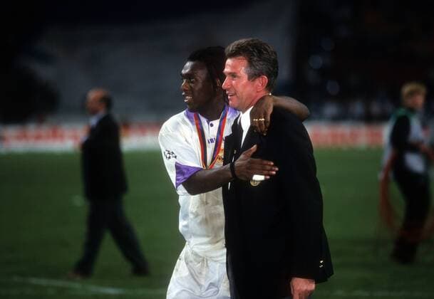Clarence Seedorf (li.) und Trainer Jupp Heynckes (beide Real Madrid), Champions League Sieger 1997 1998 Fußball EC 1 Herren Champions League Finale 1997 1998 Gruppe Amsterdam Freude,