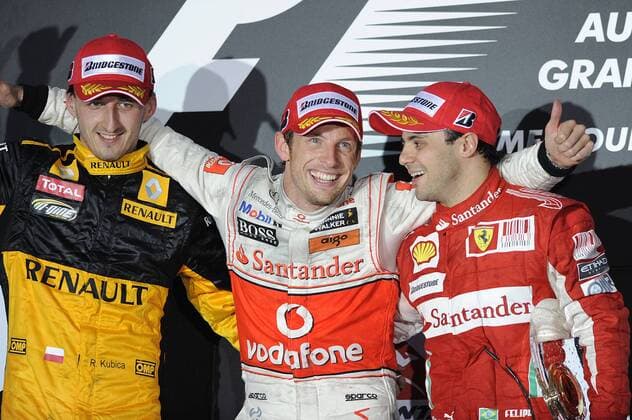 v.li:Robert KUBICA (POL),Renault F1 Team,Jenson BUTTON (GBR),MCLaren Mercedes,Felipe MASSA (BRA),Ferrari,winner,Sieger,Jubel,jubelt,Siegerehrung,Brustbild. Rennen,Formel 1 , GP von Australien in Melbourne, Albert Park am 28.03.2010 ,Motorsport.