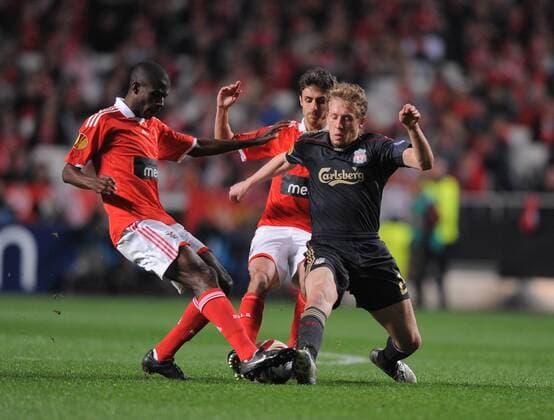Lucas Leiva (R) of Liverpool tackled by Luisao of Benfica Lissabon UEFA Europa League quarter final 1st leg Benfica v Liverpool 1st April, 2010 EDITORIAL USE ONLY. No use with unauthorised audio, video, data, fixture lists, club league logos or live services. Online in-match use limited to 120 images, no video emulation. No use in betting, games or single club league player publications. o0 EC 3