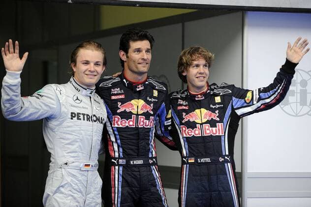 v.li:Nico ROSBERG (GER) Mercedes GP, Pole Position Inhaber Mark WEBBER (AUSTRALIEN, Pole Position), Red Bull Racing, Sebastian VETTEL (GER), Red Bull Racing nach dem Qaulifying, Qualifying,Formel 1 ,GP von Malaysia ,Sepang Circuit,Kuala Lumpur am 03.04.2010.