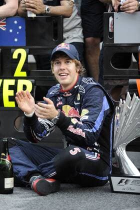 Sebastian VETTEL (GER), Red Bull Racing, gewinnt den GP von Malaysia , Sepang Circuit, Kuala Lumpur am 04.04.2010 o0 Freude Jubel Sieg