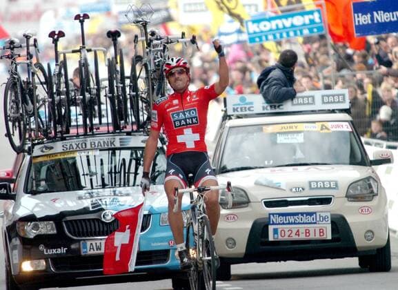 2010, Tour des Flandres, Saxo Bank - Sieger Fabian Cancellara, Ninove  o0 Freude Jubel Sieg Ziel