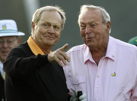 Jack Nicklaus joins Arnold Palmer (right, USA) as an honorary starter for the first round of the Masters at Augusta National Golf Club in Augusta, Georgia, on Thursday, April 8, 2010. xCurtisxComptonx  ActionPlus11029243 o0 himself