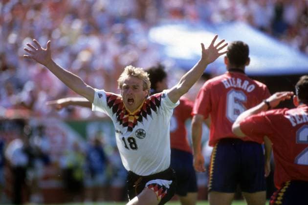 Torschütze Jürgen Klinsmann (Deutschland) jubelt Fußball WM Herren WM 1994, Länderspiel, Nationalteam, Nationaltrikot, Deutschland - Spanien 1:1 Gruppe Chicago Freude, Begeisterung,