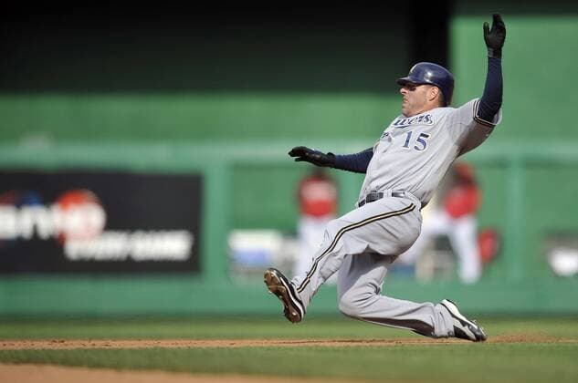 April 18, 2010: Jim Edmonds 15 for the Milwaukee Brewers slides safely into second base during a game against the hometown Washington Nationals at Nationals Park in Washington, D.C. The Brewers beat the Nationals 11 - 7 - ZUMAcj1