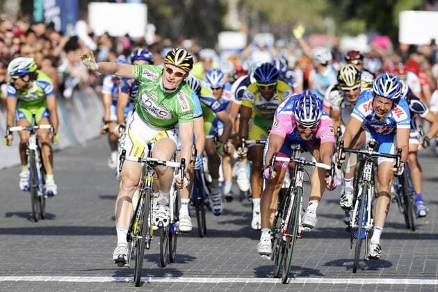 v.li.(1.)Etappensieger Andre Greipel (GER Team HTC Columbia) - (2.) Angelo Furlan (ITA Lampre - Farnese Vini) - (3.) Kenny Robert Van Hummel (NED Skil Shimano) - Finish - Event: Tour of Turkey 2010 - Stage 8 - Antalya - Alanya 166.0 km - Date: 18.04.2010 - Location: Turkey - o0 Zeil Jubel Freude