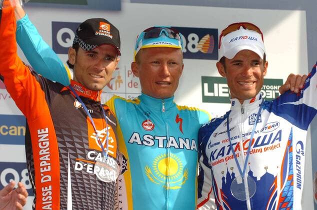 2010, Liege - Bastogne - Liege, v.li.: Alejandro Valverde , Caisse d Epargne 2010, Alexander Vinokourov, Astana 2010, Alexandr Kolobnev , Katusha 2010  o0 Freude