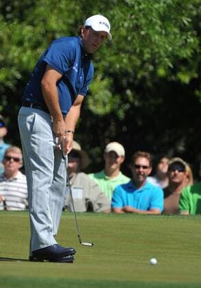 Phil Mickelson USA watches his putt on the 5th green during the second round of the Quail Hollow Tournament in Charlotte, North Carolina on April 30, 2010.  CHA20100430307