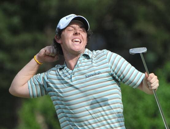 Rory McIlroy (Northern Ireland) celebrates as he makes a putt for birdie on the 18th hole during the final round of the Quail Hollow Tournament in Charlotte, North Carolina on May 2, 2010. McIlroy won the Quail Hollow 10-under-par for a combined score of 273.  CHA20100502337 o0 Mc Illroy, Nordirland, Jubel, Freude, Sieg, Sieger,