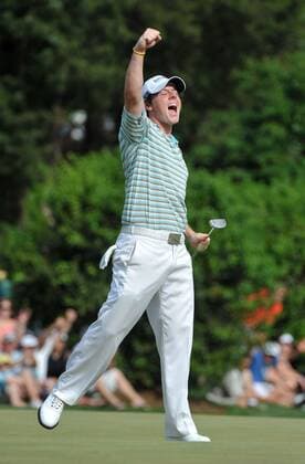 Rory McIlroy (Northern Ireland) celebrates as he makes a putt for birdie on the 18th hole during the final round of the Quail Hollow Tournament in Charlotte, North Carolina on May 2, 2010. McIlroy won the Quail Hollow 10-under-par for a combined score of 273.  CHA20100502333 o0 Mc Illroy, Nordirland, Jubel, Freude, Sieg, Sieger,