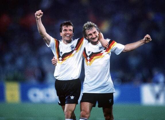 Lothar Matthaeus (left) and Rudi Voeller (GER) celebrate their victory. Argentina v West Germany. World Cup Final 1990. Rome. 8 7 90.  o0 BRD BR