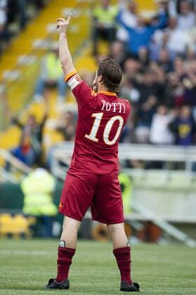 MAY 1, 2010 - Francesco Totti of AS Roma celebrates after scoring the opening goal during the Italian Serie A match between Parma 1-2 AS Roma at Ennio Tardini Stadium in Parma, Italy.  (010494)
