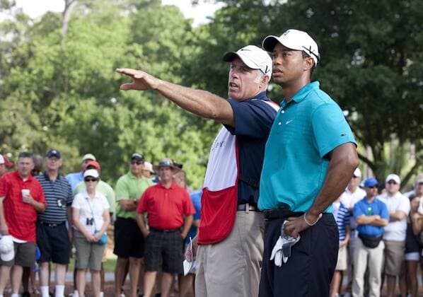 Tiger Woods (USA, R) consults with his caddie, Steve Williams, after hitting his tee shot into the gallery during the second round of The Players Championship PGA golf tournament in Ponte Vedra Beach, Florida May 7, 2010.  PVB2010050710