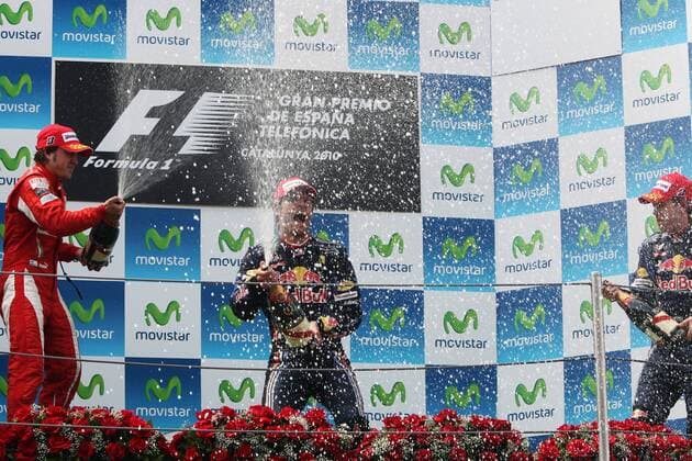 May 09, 2010 - Barcelona, Spain - The podium (L to R): FERNANDO ALONSO (ESP) Ferrari, second; MARK WEBBER (AUS) Red Bull Racing; race winner; SEBASTIAN VETTEL (GER) Red Bull Racing, third...Formula One World Championship, Rd 5, Spanish Grand Prix, Race  - ZUMAorl o0 Jubel Freude Sieg Siegerehrung