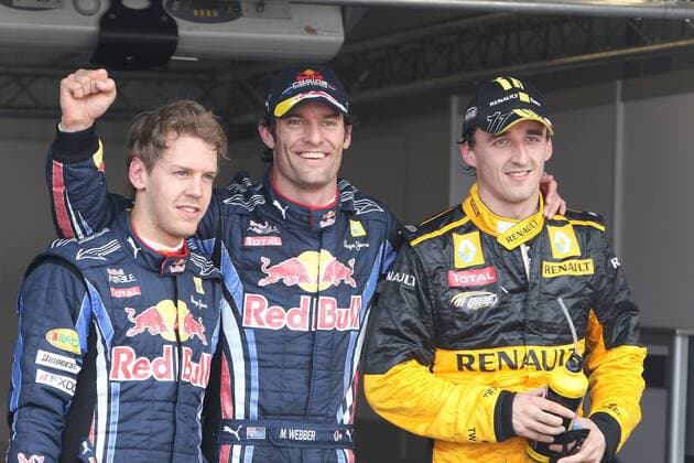 Mark Webber (Mitte), Red Bull Racing, sichert sich die Pole Position vor Robert Kubica (re.), Renault, und Sebastian Vettel, Red Bull Racing, Formel 1, GP Monaco 14.05.10 o0 Jubel Freude Qualifying Aufmacher