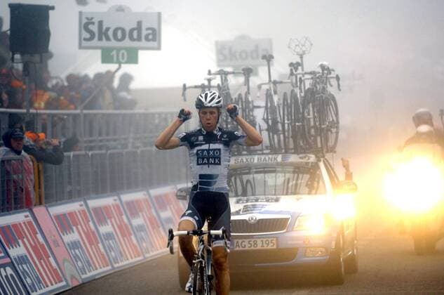 Giro d Italia, Etappe 8: Chianciano Terme - Terminillo, Chris Anker Sörensen (Saxo Bank) gewinnt -  o0 Ziel Etappensieger, Etappensieg Jubel Freude Einzelbild
