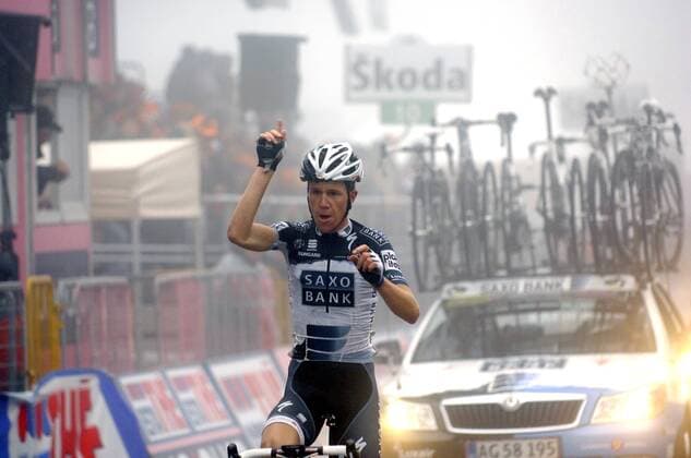 Giro d Italia, Etappe 8: Chianciano Terme - Terminillo, Chris Anker Sörensen (Saxo Bank) gewinnt -  o0 Ziel Etappensieger, Etappensieg Jubel Freude Einzelbild